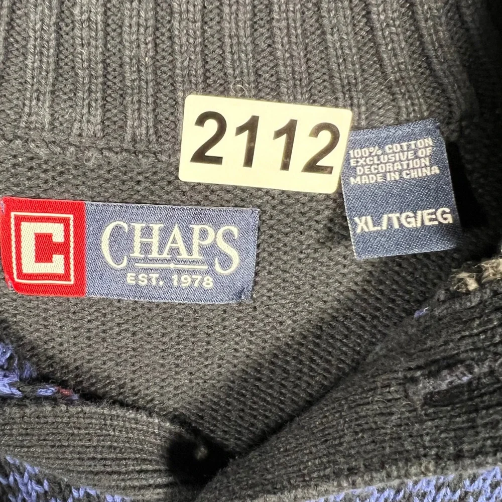 Chaps Mens XL Navy Blue Fair Isle Quarter Button Mock Neck Cotton‎ Sweater